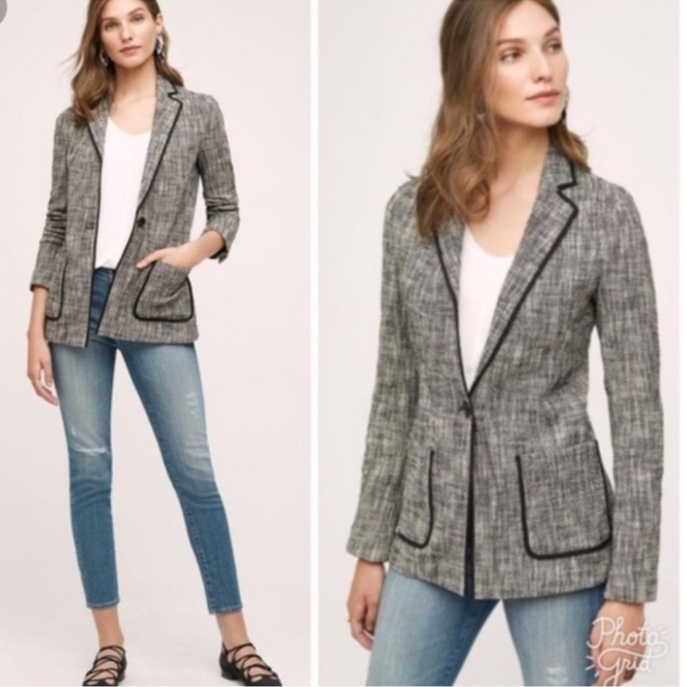 Cartonnier Leonie Black White Textured Tweed Knit Blazer Jacket Women's Size 10‎